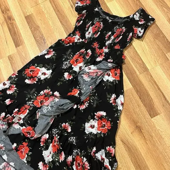 Torrid Black Floral Hi Lo Off Shoulder Dress Size 00 - Picture 6 of 11